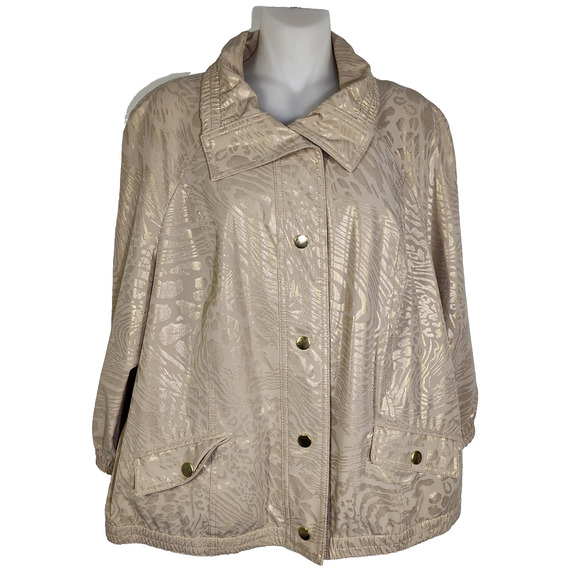 Chico's Zenergy Jacket Animal Print Neema Snap Front Tan Gold Foil Pockets Large - Picture 1 of 12
